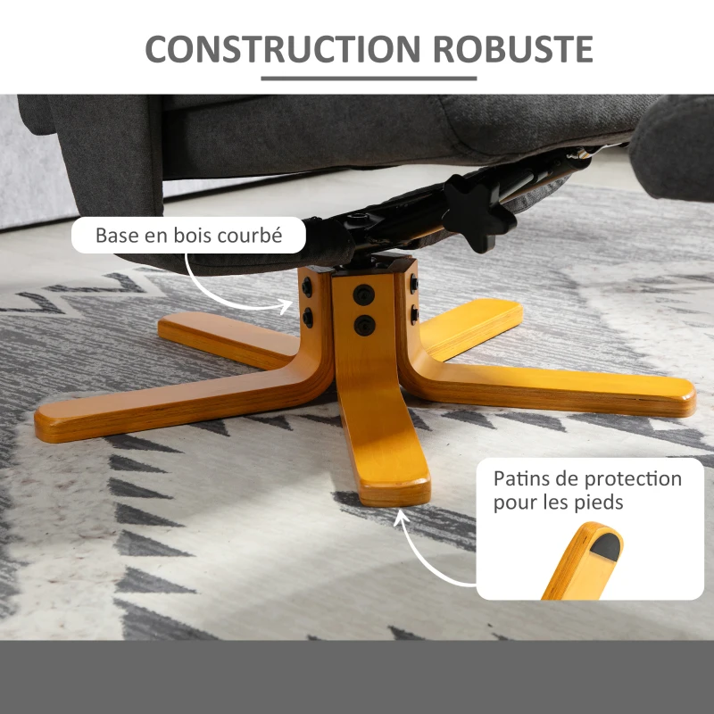 HOMCOM Fauteuil relax avec repose-pied, fauteuil de relaxation, dossier inclinable, assise rembourrée, 79x80x104cm, gris foncé