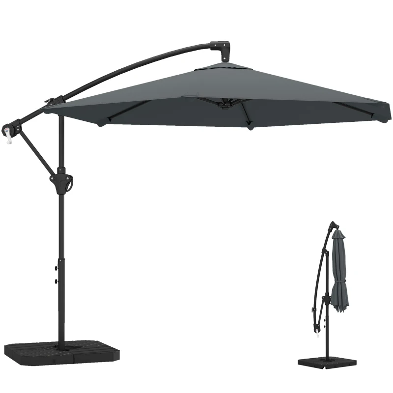 Outsunny Parasol déporté 3 m avec pied en croix et dalles lestage, parasol de jardin extérieur avec manivelle, gris foncé