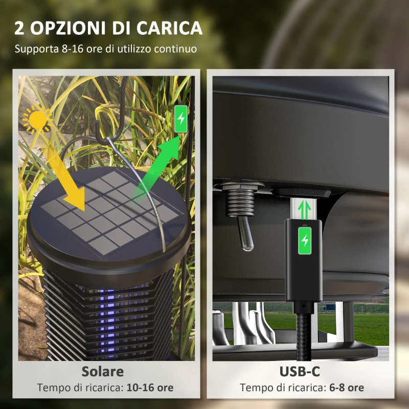 Outsunny Lampada anti insetti, lanterna da giardino appesa, solare e ricaricabile tramite USB-C - efficace su superfici di 50m² nero