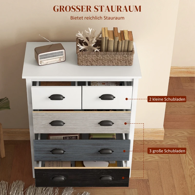 HOMCOM Sideboard, Kommode, 5 Schubladen, lackierte Oberfläche, MDF & Kiefernholz, 70 x 38 x 85 cm, Weiß