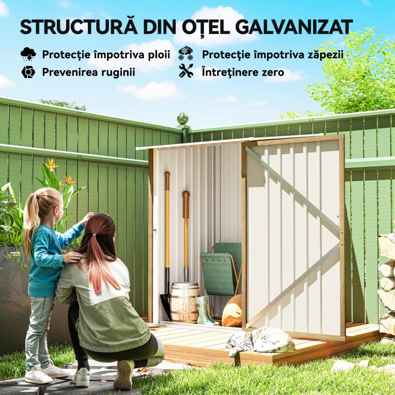 Outsunny Căsuță de Grădină 0.92m² din Oțel Galvanizat, Depozit pentru Unelte cu Ușă Blocabilă, Acoperiș Înclinat, 100x104x160 cm, Maro Deschis cu Aspect Lemn