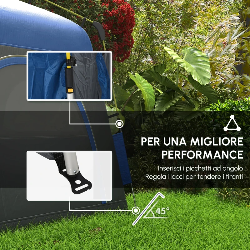 Outsunny Tenda da Campeggio Familiare 4 Persone Tenda Cupola Impermeabile Leggera, Ventilata Facile da Montare Pop-up 4 Finestre Parasole, Dim, 2,4 L x 2,4 L x 1,99 H M Fibra di Vetro Poliestere Grigio Blu