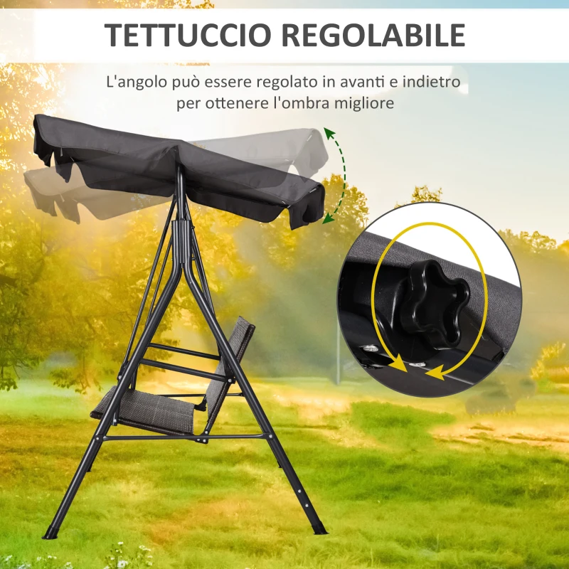 Outsunny Dondolo da Giardino 2 Posti con Tettuccio Regolabile, 140x110x151 cm, Marrone e Grigio