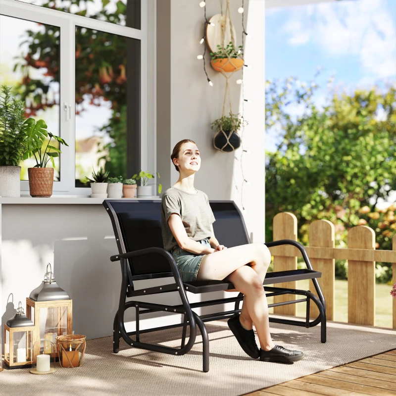 Outsunny Outdoor Glider Bench, Patio 2 Seater Swing Gliding Loveseat w/ Power-Coated Steel Frame, Mesh Seat and Armrests, for Backyard Garden Porch, Black