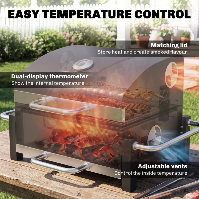 Outsunny Grill na węgiel drzewny ze stali przenośny BBQ Smoker z pokrywą regulowanymi otworami wentylacyjnymi dwupoziomowy pojemnik na węgiel termometr