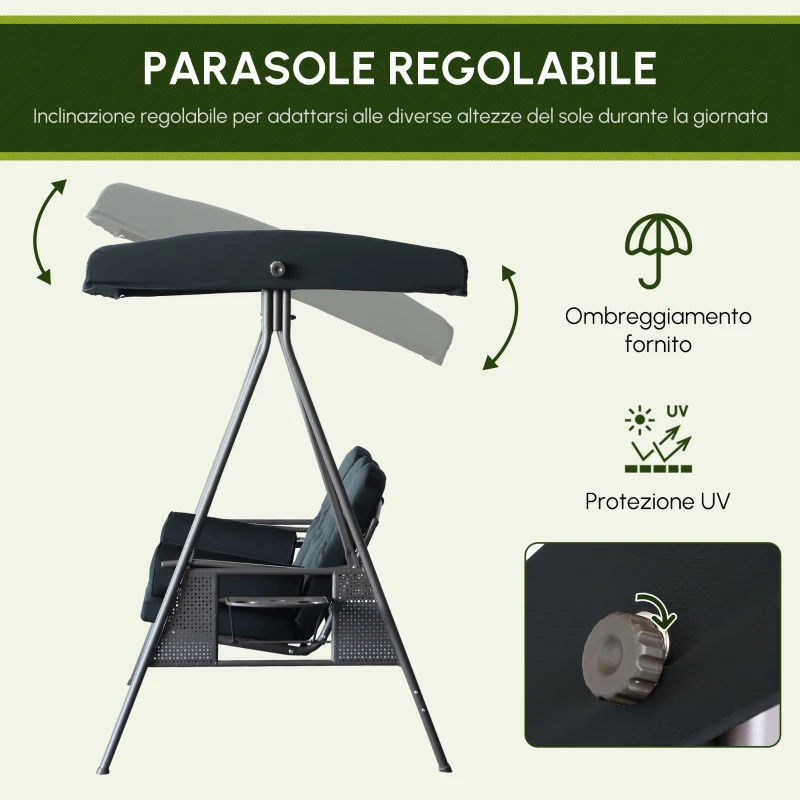 Outsunny Dondolo da Giardino 3 Posti, Tetto con Inclinazione Regolabile, Cuscini, Vassoi Retrattili, Poliestere Filato, Nero
