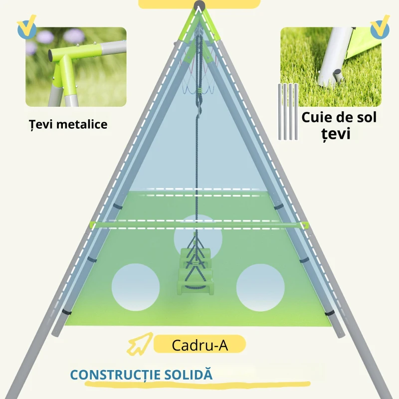 AIYAPLAY Leagăn de Grădină 3 în 1 pentru Copii 3-8 Ani cu Coș de Baschet și Poartă de Fotbal, 238x180x182 cm, Verde(m-7)