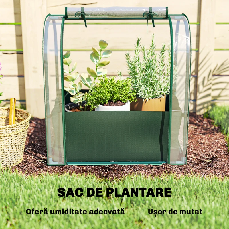 Outsunny Mini Sera de Grădină cu Sac de Plantare, Sera pentru Grădină cu Ușă Rulantă, Structură din Oțel, Acoperire din Plastic, pentru Legume, Flori, Plante, Verde Închis