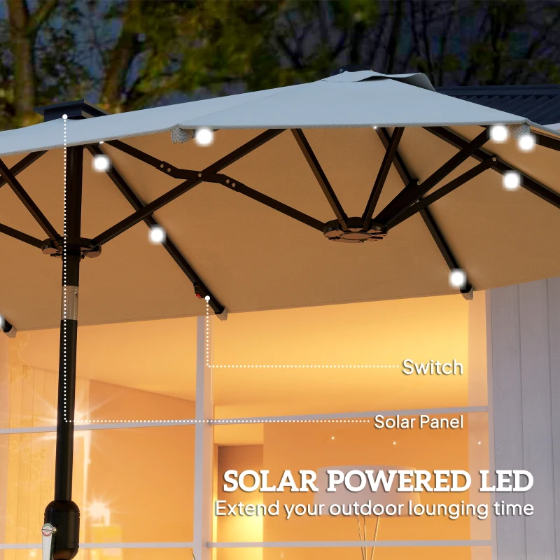 Outsunny Umbrelă dublă, umbrelă terasă, înclinabilă, cu panou solar, 35 LED-uri, cadru din oțel, bej, 2,92 x 1,50 x 2,18 m