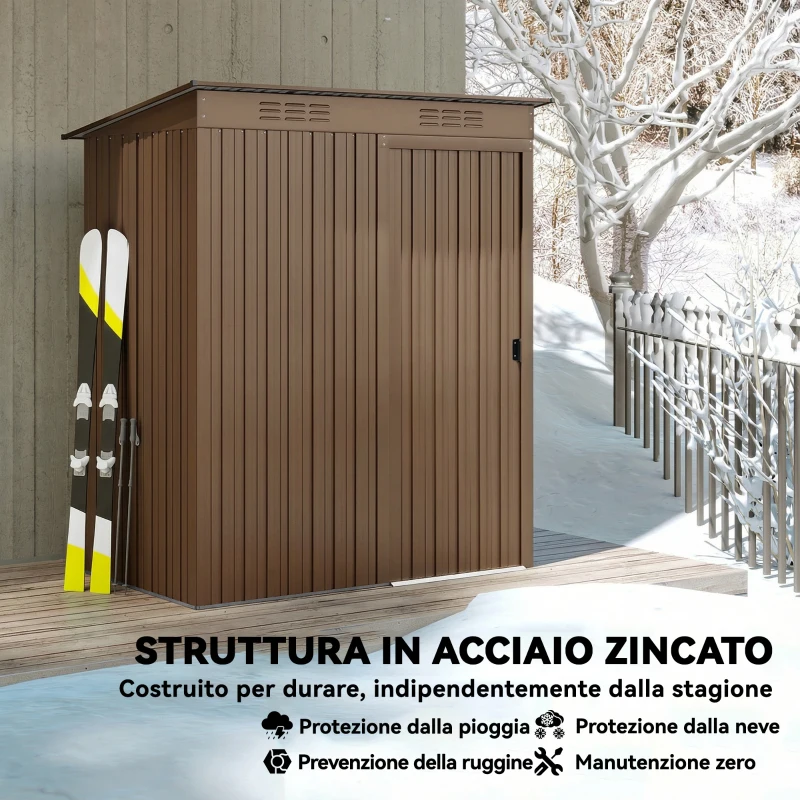 Outsunny Casetta da Giardino in Metallo con Prese d'Aria e Porta Scorrevole, 159x106x181 cm, Marrone