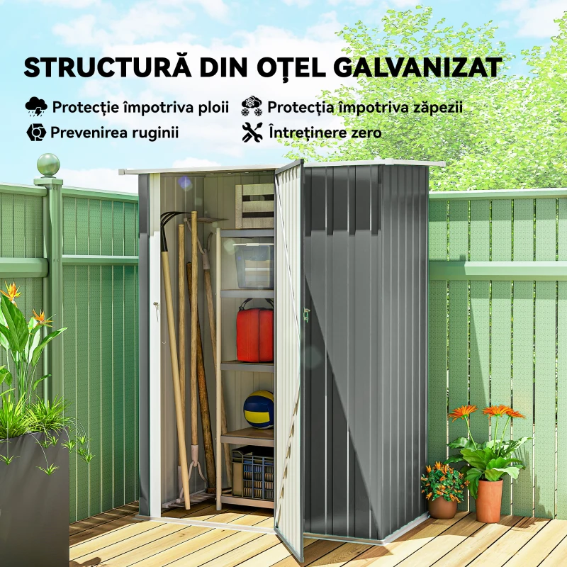 Outsunny Căsuță de Grădină 1.07m² din Oțel Galvanizat, Căsuță pentru Depozitare cu Ușă Blocabilă, Acoperiș Înclinat, 142x86x189 cm, Gri Deschis
