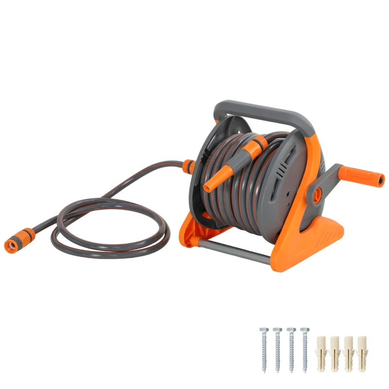 Outsunny Portable Garden Hose Reel, 20+2 m Wall Mounted Hose Reel with 2 Patterns Spray Nozzle and Crank Handle, Orange