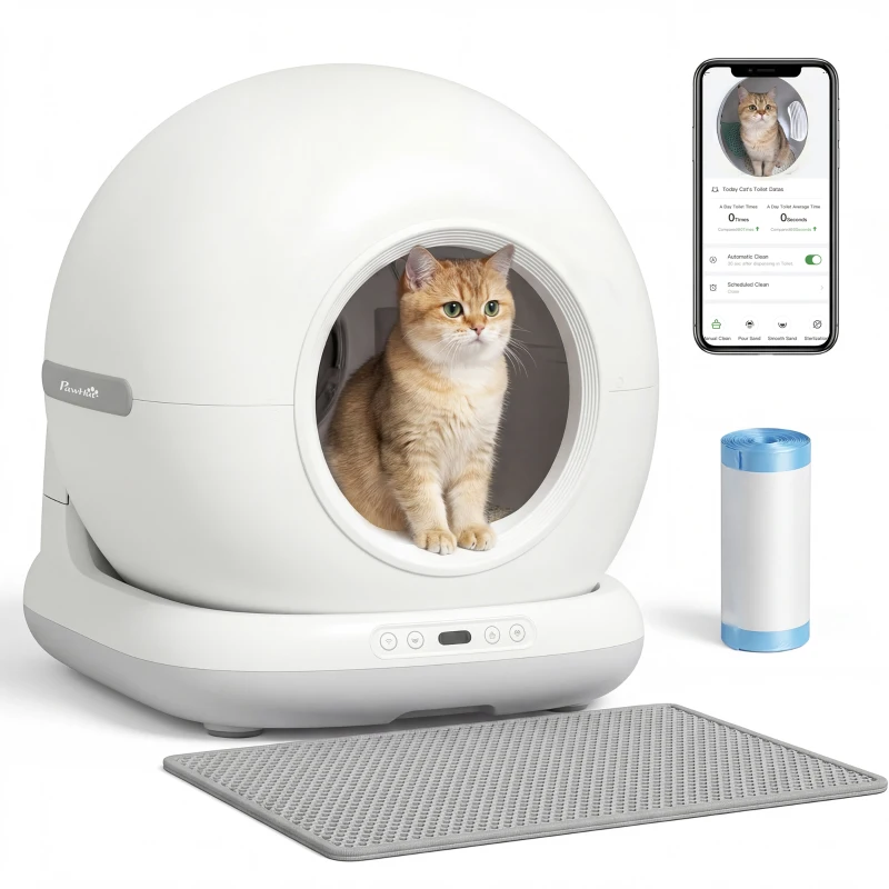 PawHut Selbstreinigende Katzentoilette mit HD-Kamera, 7L Behälter und Sensoren, aus PP und ABS, 58.1x47.5x53 cm, Weiß und Grau