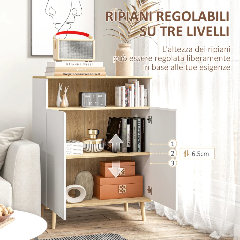 HOMCOM Credenza dal Design Scandinavo con Armadio a 2 Porte e Mensola Interna, Bianco e Legno