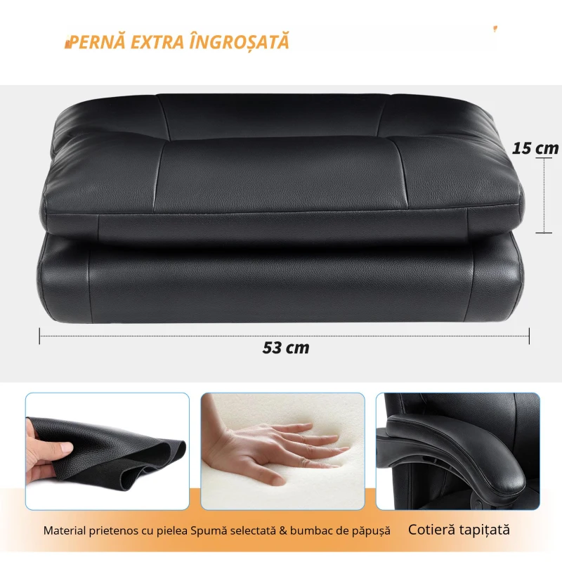 HOMCOM Scaun de Birou Reglabil pe Înălțime și Reclinabil până la 135°, din Piele PU Neagră, 65x76x113-121 cm