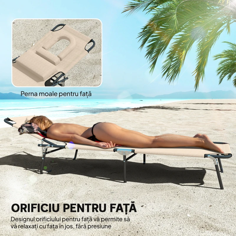 Outsunny Șezlong Pliabil cu Orificiu pentru Față Căptușit și Spătar Rabatabil, Bej