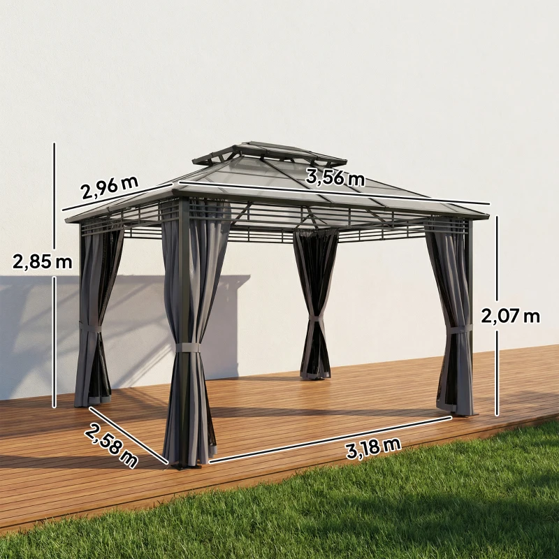 Outsunny Pabellón de jardín aprox. 3,6x3 m Pérgola de aluminio con doble techo de policarbonato 6 mm, mosquitera y 4 paneles laterales, gris oscuro