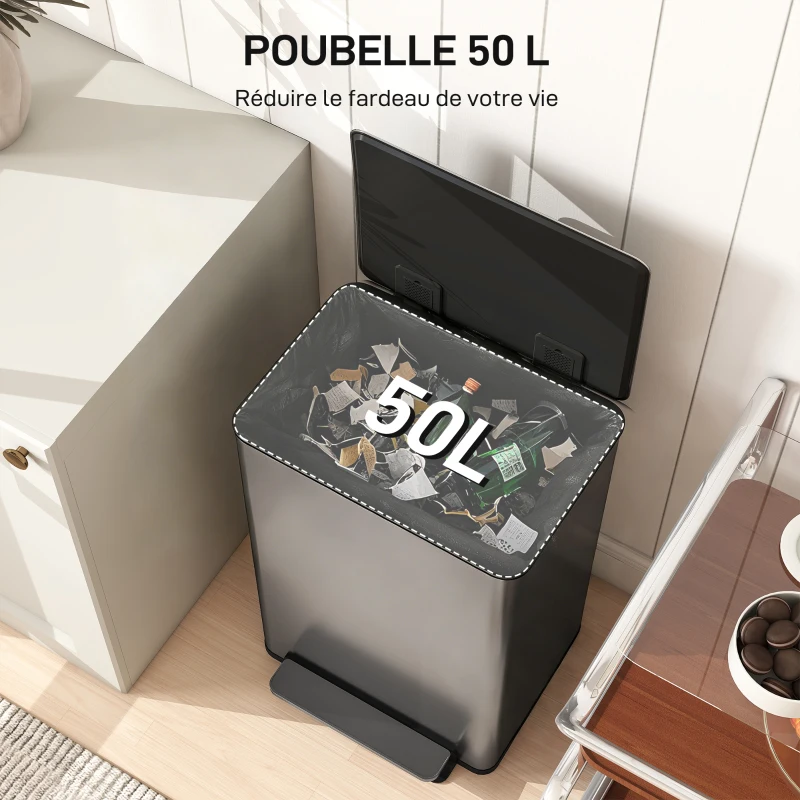 HOMCOM Poubelle cuisine 50L, poubelle à pédale, seau intérieur amovible, couvercle à fermeture douce, 41,7x36,6x62cm, argent