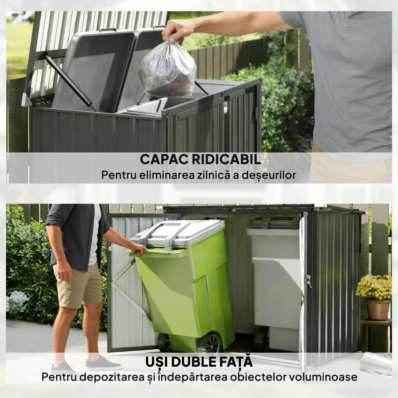 Outsunny Depozit pentru Exterior 1.1m² din Oțel Galvanizat cu 2 Uși Blocate, Depozit pentru Coșuri de Gunoi cu Capac Rabatabil, Magazină pentru Grădină pentru 2 Coșuri și Unelte, Gri Închis