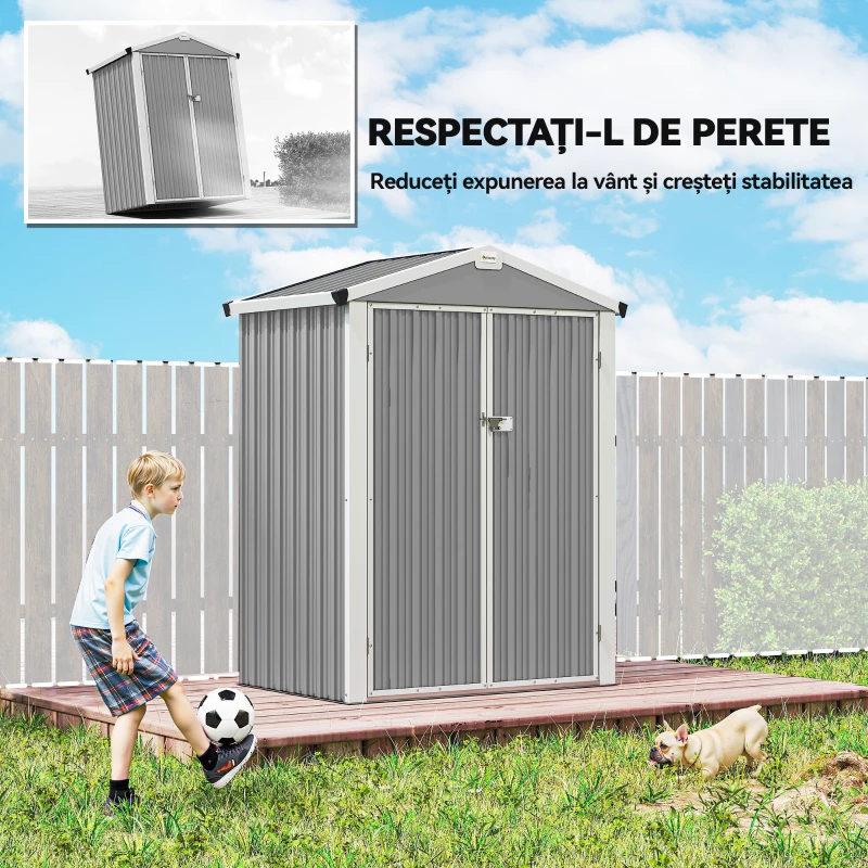 Outsunny Căsuță de Grădină din Oțel 1,1m² cu Uși Duble Blocabile, 133x87x178 cm, Gri Argintiu