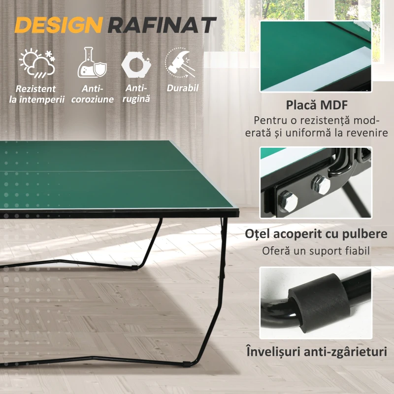 SPORTNOW Masă de Tenis Pliabilă 9FT, cu 8 Roți, pentru Utilizare în Interior, Verde