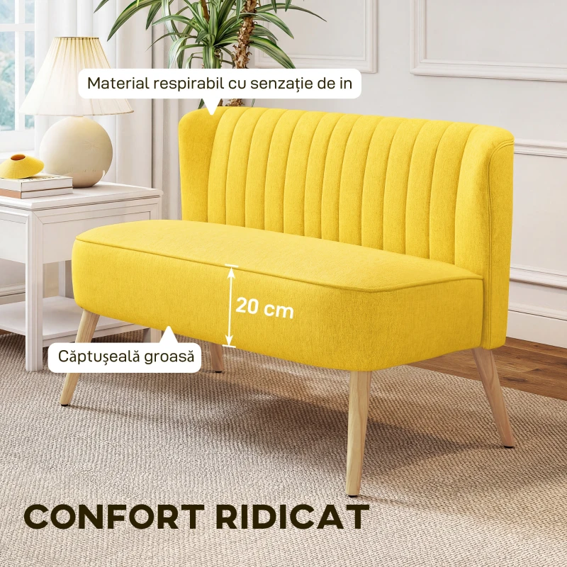 HOMCOM Canapea cu 2 locuri din material textil tip in, fără brațe, cu picioare din lemn, 117x56.5x77 cm, galben