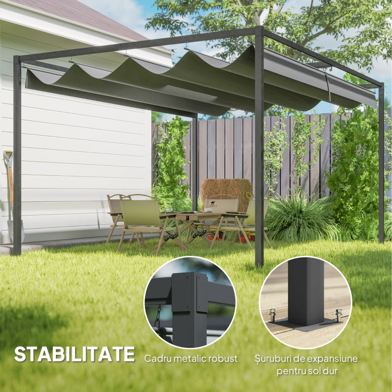 Outsunny Gazebo Pergolă 4x3 m cu Acoperiș Retractabil, Orificii de Drenaj, Picheți și Șuruburi, Pergolă de Grădină din Poliester și Metal, pentru Terasă, Verandă, Exterior, Gri Închis