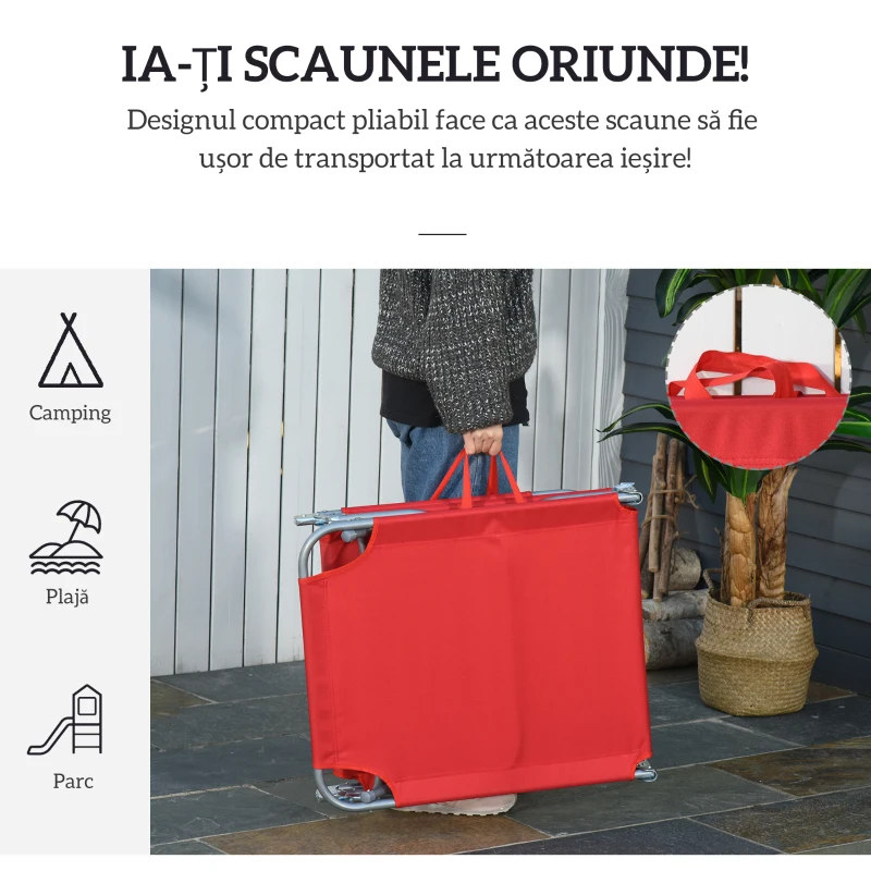 Outsunny Șezlong Pliabil cu Spătar Reglabil în 5 Poziții, Șezlong de Grădină cu Structură din Metal și Țesătură Oxford, pentru Plajă, Piscină sau Grădină, 187x55x24cm, Roșu