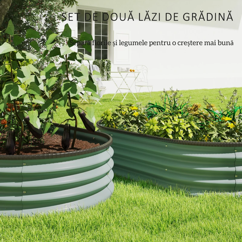 Outsunny Set de 2 Straturi de Grădină Modulară, Paturi Ridicate cu Margine din Cauciuc, Bază Deschisă, Straturi din Oțel Zincat pentru Plante Aromatice, Fructe, Legume și Flori, 135x90x30 cm, Verde