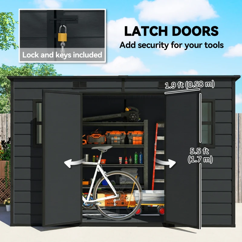 Outsunny 10 x 6 ft Resin Garden Shed, Outdoor Storage Shed with Floor, Windows, Lockable Doors and Vents, Dark Grey