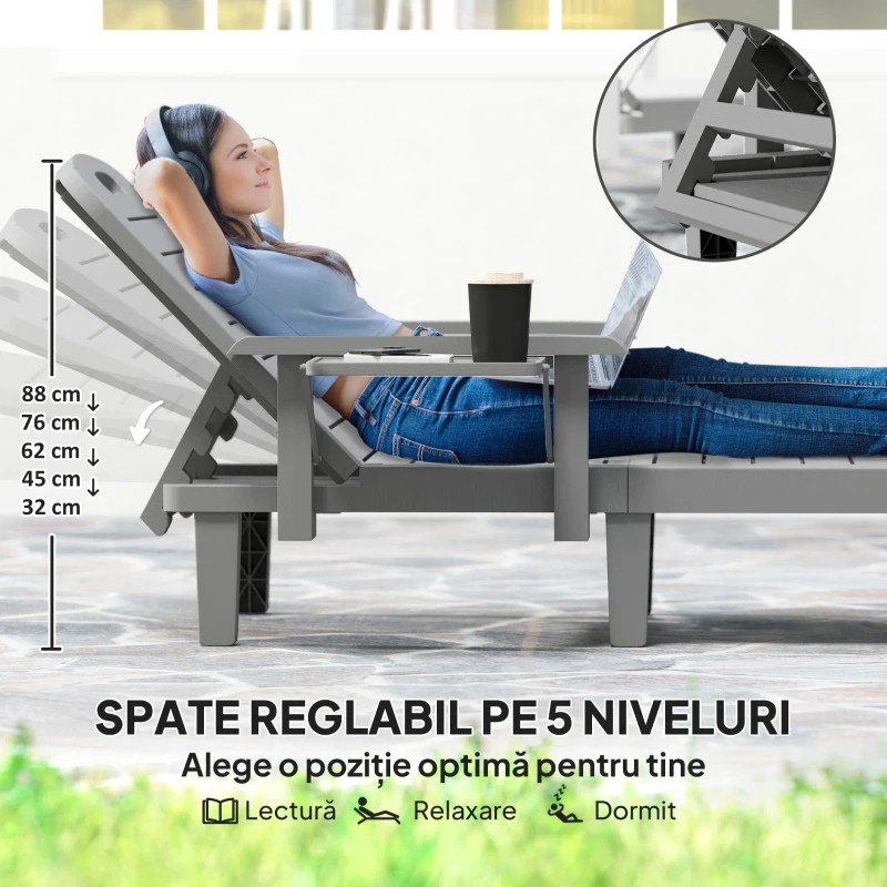 Outsunny Set 2 Șezlonguri cu Spătar Reglabil în 5 Poziții, Măsuță și Brațe Ergonomice, 79x158x88 cm, Gri