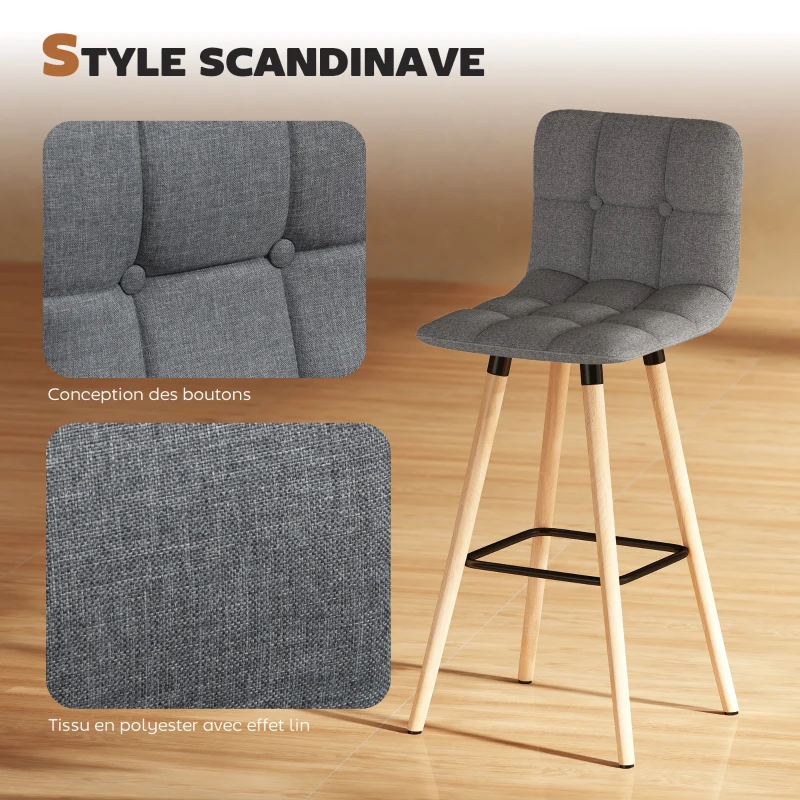 HOMCOM Lot de 2 tabourets de bar, chaises de bar capitonnées avec dossier et repose-pieds, pieds en bois, 41,5x47x97,5cm, gris