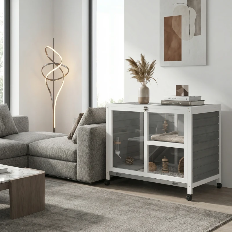 PawHut Kleintierstall mit 2 Ebenen 4 Rollen versiegeltes Tannenholz Grau