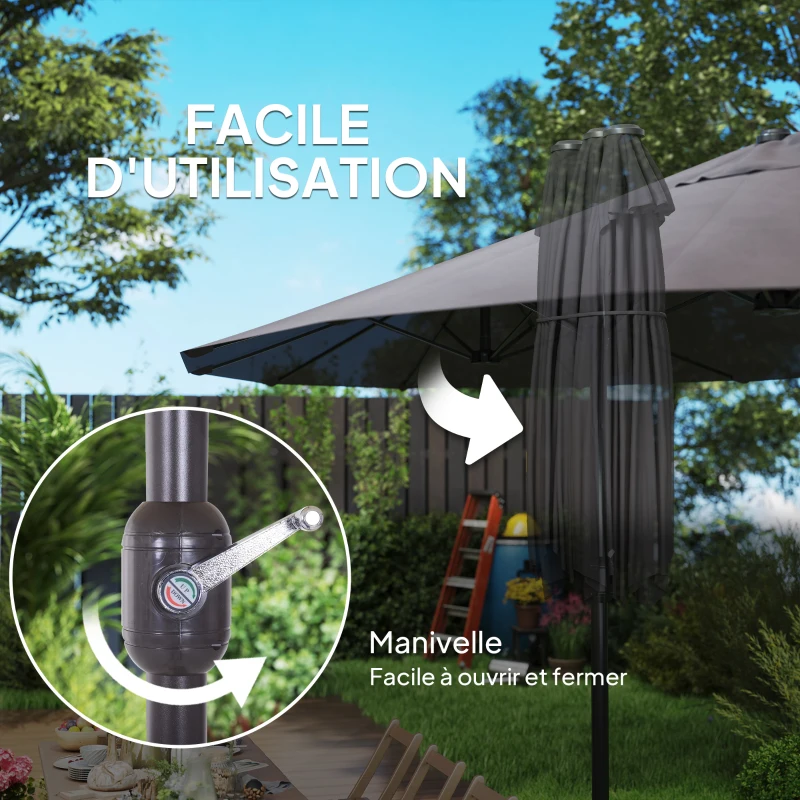Outsunny Parasol de jardin exterieur parasol double 4,6L x 2,7l x 2,4H m ouverture fermeture manivelle acier polyester haute densité gris