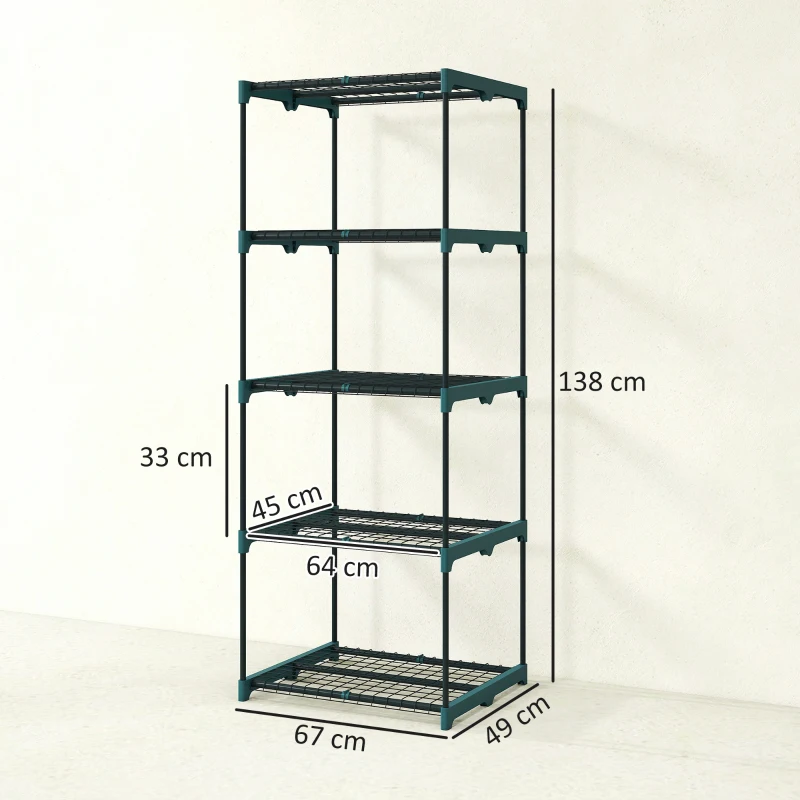 Outsunny Suport pentru Plante Vertical cu 5 Nivele din Oțel și Plastic, Suport Ghivece Interior și Exterior Grădină Balcon, 67x49x138 cm, Verde Închis