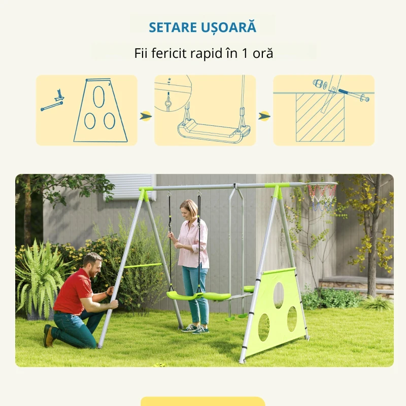 AIYAPLAY Leagăn de Grădină 3 în 1 pentru Copii 3-8 Ani cu Coș de Baschet și Poartă de Fotbal, 238x180x182 cm, Verde(m-6)