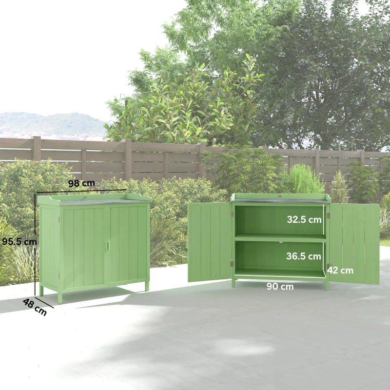 Outsunny Wood Garden Storage Cabinet, Outdoor Tool Shed, Potting Bench Table with galvanised Top and Two Shelves for garden Tools or Pool Accessories, Green