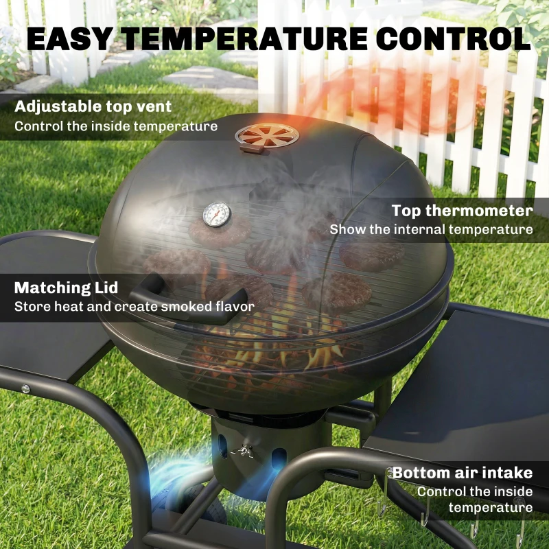 Outsunny Grill węglowy BBQ z bocznymi stolikami, termometrem w pokrywie, kółkami 129 x 63,5 x 106,5 cm