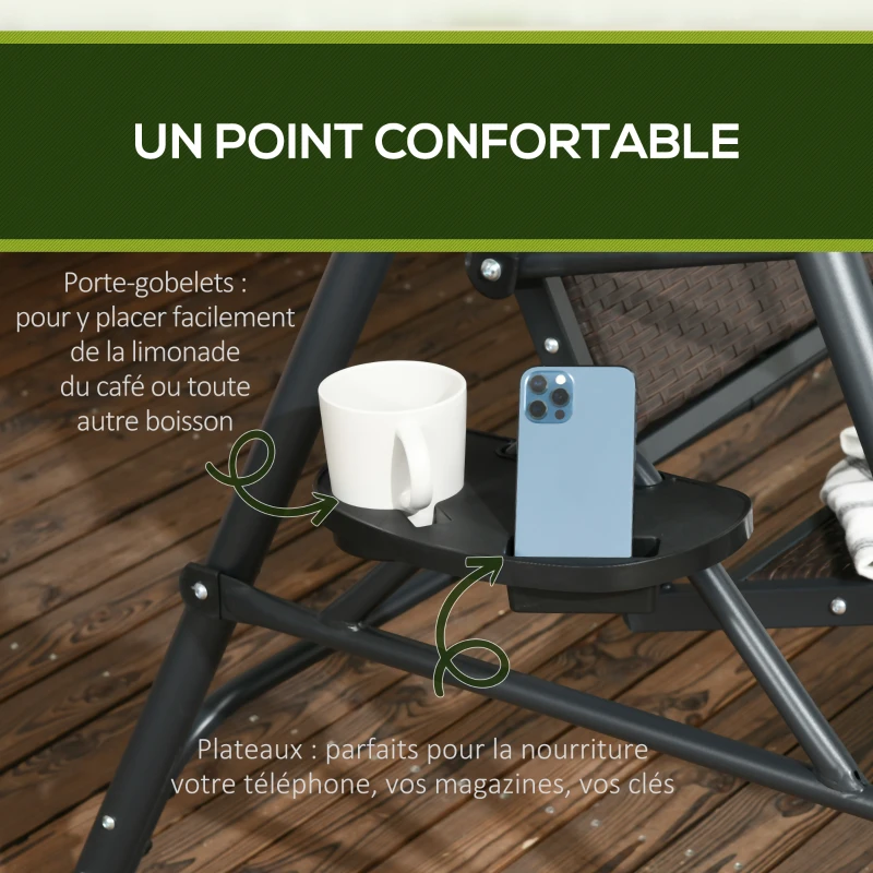 Outsunny Balancelle de jardin 3 places toit inclinaison réglable avec porte-gobelets et plateaux assise dossier ergonomique