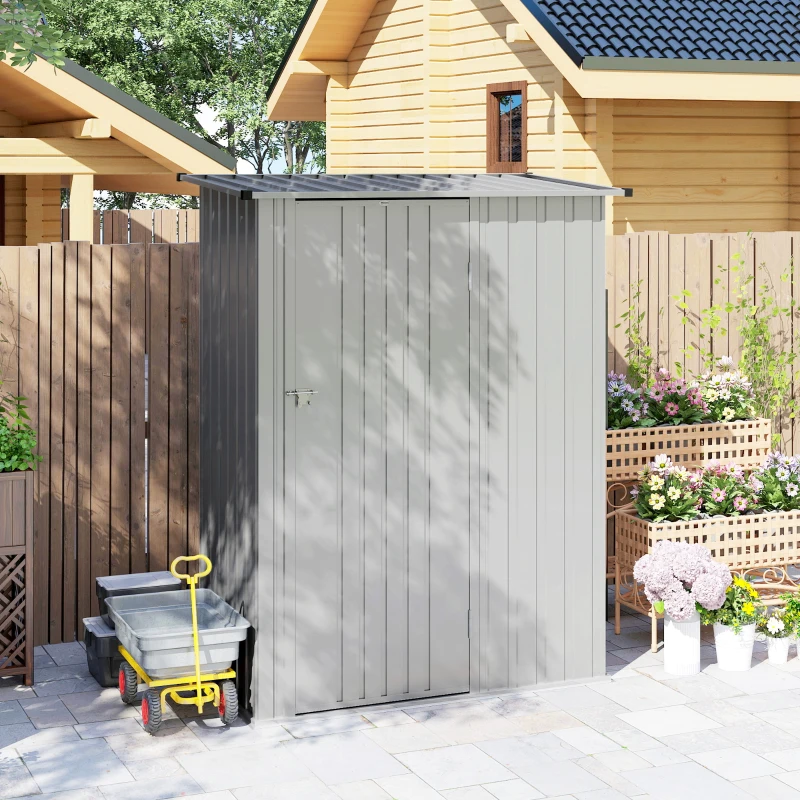 Outsunny Căsuță pentru Grădină 1,07m² din Oțel Galvanizat, Căsuță pentru Unelte cu Ușă Blocabilă, Acoperiș Înclinat, 142x86x189 cm, Argintiu