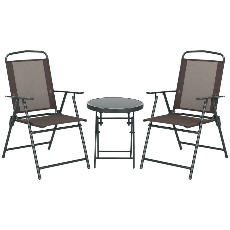 Outsunny Set de Grădină 3 Piese cu 2 Scaune Pliabile și Masă Rotundă, Set Mobilier de Exterior din Metal și Sticlă, Maro