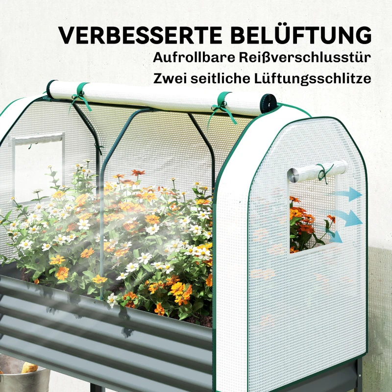Outsunny Hochbeet mit Frühbeetaufsatz aus Metall Pflanzkasten mit Gewächshaus Ablagefach, Erhöht 120 x 55 x 140cm