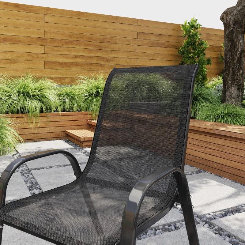 Outsunny Set de 2 Scaune de Exterior pentru Prânz, Scaune Suprapozabile cu Spătar Înalt, Plasă Respirabilă pentru Grădină sau Terasă, Negru