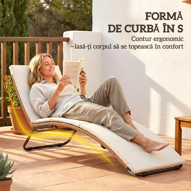Outsunny Șezlong Prendisole din Ratan în Formă S cu Pernă, Șezlong de Grădină cu Cadru din Oțel, pentru Terasă, Plajă, Piscină, Grădină, 175x57x80cm, Crem