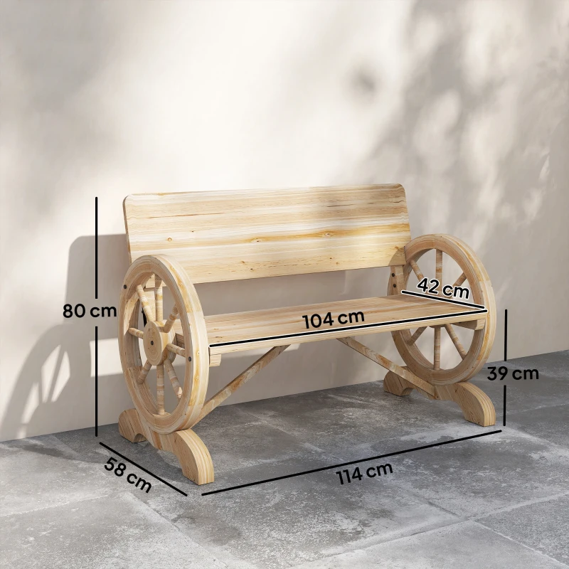 Outsunny Fir Wood 2-Seater Outdoor Garden Wagon Wheel Bench, Natural Wood Finish