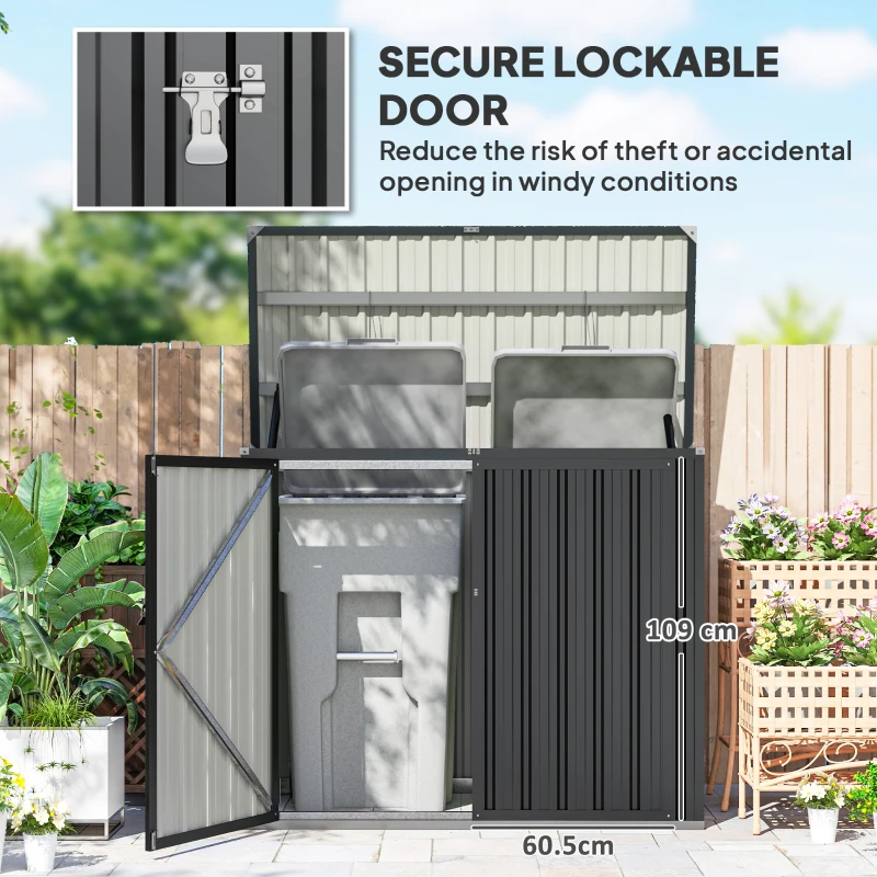 Outsunny Skrzynia na Kosze na Śmieci na 2 Pojemniki z Pokrywą, Zamknięciem i Ochroną, Ciemnoszary