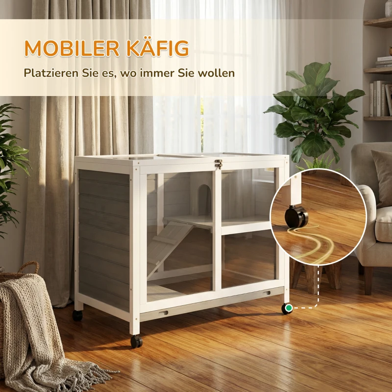 PawHut Kleintierstall mit 2 Ebenen 4 Rollen versiegeltes Tannenholz Grau