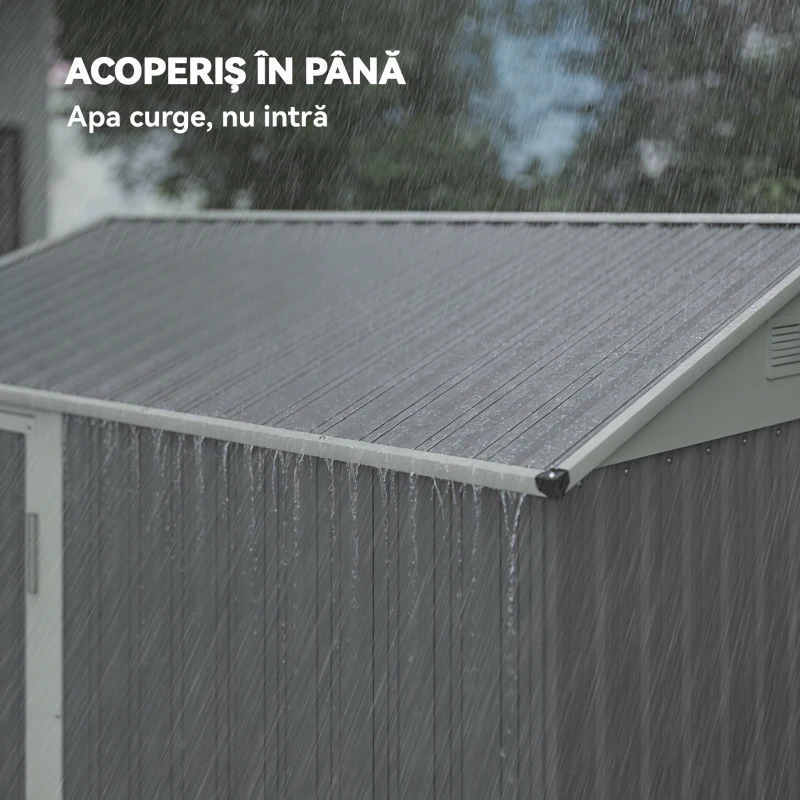 Outsunny Șopron de Grădină Înalt de 3.51m² din Oțel Galvanizat cu Orificii de Ventilație, Șopron de Grădină cu Ușă Blocabilă, Acoperiș Înclinat, Mănuși, Șopron pentru Unelte, 209x177x236 cm, Gri Argintiu