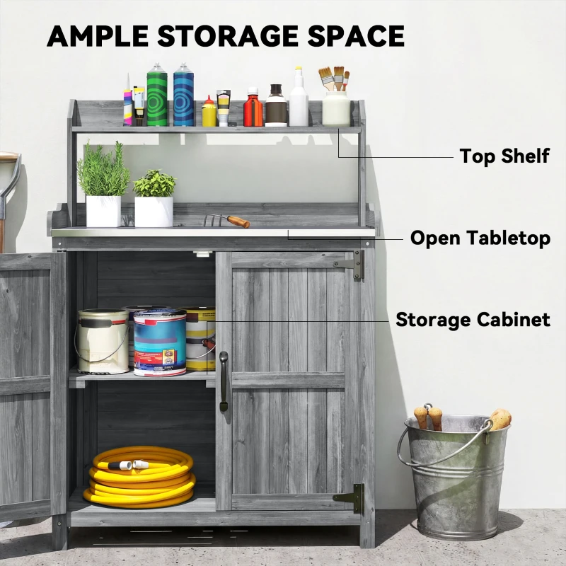 Outsunny Wooden Potting Bench Table with Aluminium Worktop, Outdoor Garden Workbench with Top Shelf and Cabinet Storage