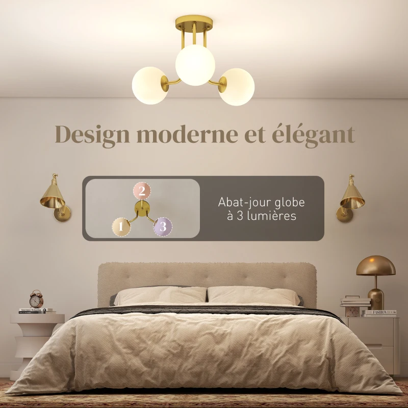 HOMCOM Plafonnier LED 25W, luminaire plafonnier 3 lumières avec douilles G9, abat-jour globe, 42 x 42 x 26,5 cm, doré